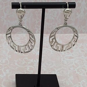 Silver Tone Greek Key Design Open Circle Dangle Earrings 2"